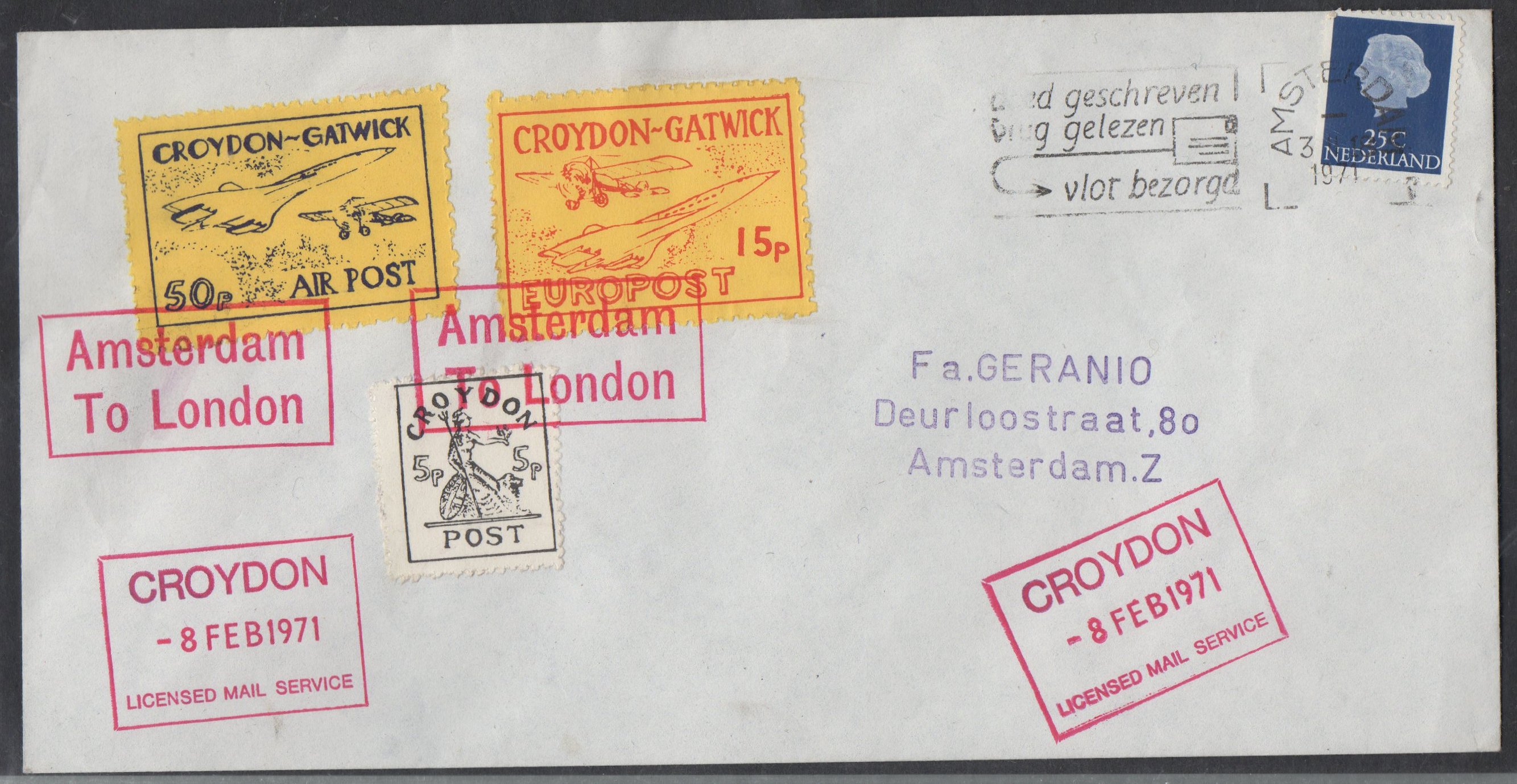 1971 Croydon Gatwick Strike Post cover with multiple CGP franking, Feb 8th 1971